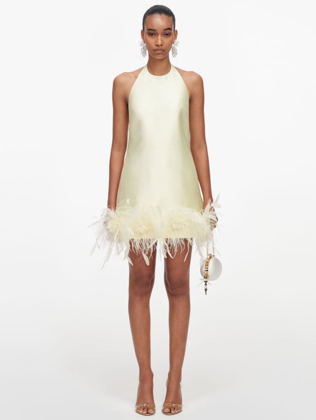 Self Portrait Yellow Taffeta Feather Trim Mini Dress